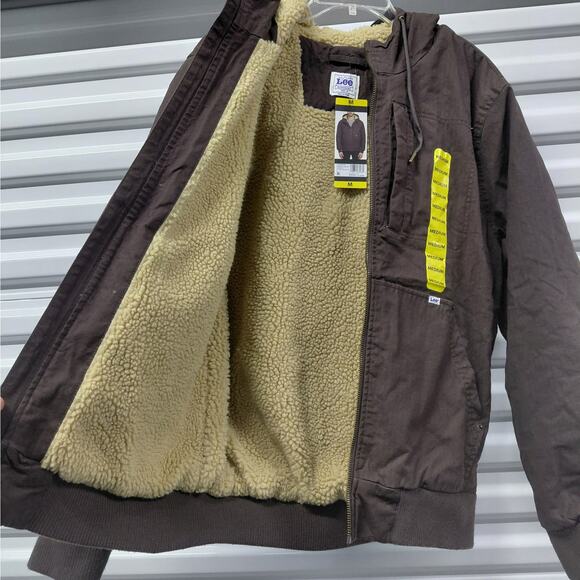 Lee Workwear Bomber Jacket Mens Medium Brown Sherpa Lined Hooded Coat Outdoor - Picture 7 of 14